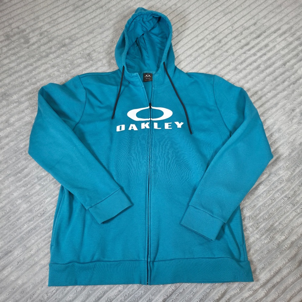 Oakley Mens Full Zip‎ Hoodie Teal Blue Logo Fleece Sweatshirt Regular Fit 2XL